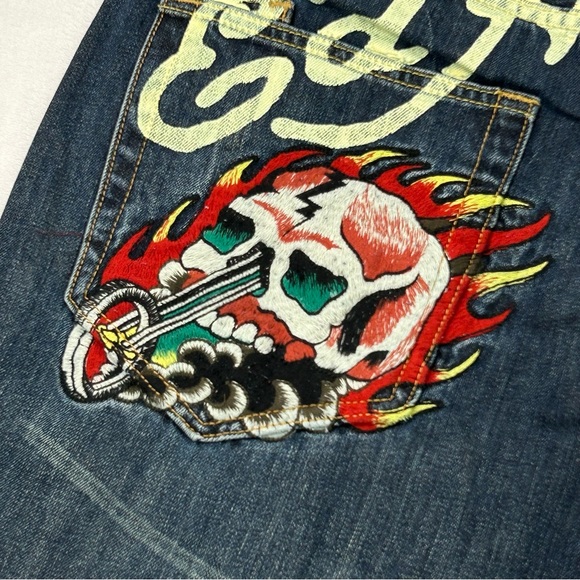 Vintage Ed Hardy Christian Audigier Biker Skull Distressed Denim Jeans Men 36x32 - Picture 3 of 9